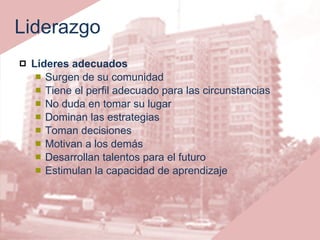 Liderazgo Líderes adecuados Surgen de su comunidad Tiene el perfil adecuado para las circunstancias No duda en tomar su lugar Dominan las estrategias Toman decisiones Motivan a los demás Desarrollan talentos para el futuro Estimulan la capacidad de aprendizaje 