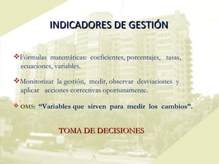 INDICADORES DE GESTIÓN Fórmulas  matemáticas:  coeficientes, porcentajes,  tasas, ecuaciones, variables.  Monitorizar  la gestión,  medir, observar  desviaciones  y  aplicar  acciones correctivas oportunamente.  OMS :  “Variables que  sirven  para  medir  los  cambios”. TOMA DE DECISIONES 