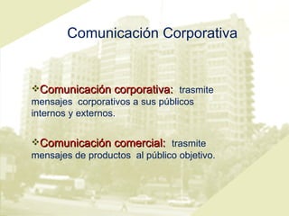 Comunicación Corporativa Comunicación corporativa:  trasmite mensajes  corporativos a sus públicos internos y externos. Comunicación comercial:  trasmite mensajes de productos  al público objetivo. 