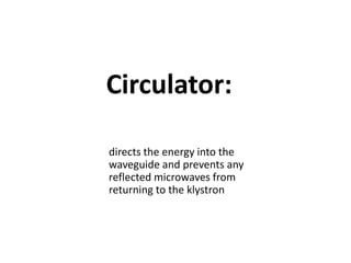 Circulator:
directs the energy into the
waveguide and prevents any
reflected microwaves from
returning to the klystron
 