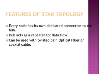  Every node has its own dedicated connection to the
hub.
 Hub acts as a repeater for data flow.
 Can be used with twisted pair, Optical Fiber or
coaxial cable.
 