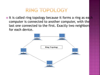  It is called ring topology because it forms a ring as each
computer is connected to another computer, with the
last one connected to the first. Exactly two neighbors
for each device.
 