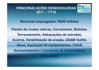 Recursos empregados: R$20 milhões
Plantio de mudas nativas, Cercamento, Bolsões,
Terraceamento, Adequações de estradas,
PRINCIPAIS AÇÕES DESENVOLVIDAS
2017 – 1ºT19
Terraceamento, Adequações de estradas,
Aceiros, Estabilização de erosão, CEAM Teófilo
Otoni, Aquisição de equipamentos, CHUÁ
Socioambiental e Convênios de fornecimento
óleo diesel
 