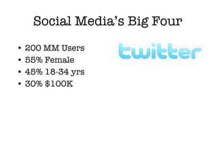 Social Media’s Big Four <ul><li>200 MM Users </li></ul><ul><li>55% Female </li></ul><ul><li>45% 18-34 yrs </li></ul><ul><l...