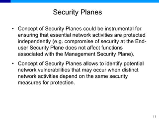 11
Security Planes
• Concept of Security Planes could be instrumental for
ensuring that essential network activities are protected
independently (e.g. compromise of security at the End-
user Security Plane does not affect functions
associated with the Management Security Plane).
• Concept of Security Planes allows to identify potential
network vulnerabilities that may occur when distinct
network activities depend on the same security
measures for protection.
 