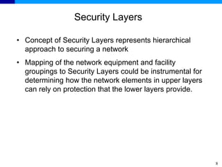 8
Security Layers
• Concept of Security Layers represents hierarchical
approach to securing a network
• Mapping of the network equipment and facility
groupings to Security Layers could be instrumental for
determining how the network elements in upper layers
can rely on protection that the lower layers provide.
 