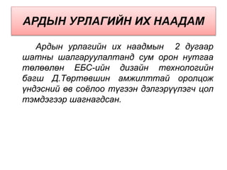 АРДЫН УРЛАГИЙН ИХ НААДАМ
Ардын урлагийн их наадмын 2 дугаар
шатны шалгаруулалтанд сум орон нутгаа
төлөөлөн ЕБС-ийн дизайн технологийн
багш Д.Төртөвшин амжилттай оролцож
үндэсний өв соёлоо түгээн дэлгэрүүлэгч цол
тэмдэгээр шагнагдсан.
 