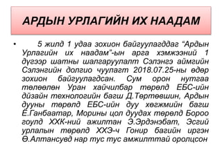АРДЫН УРЛАГИЙН ИХ НААДАМ
• 5 жилд 1 удаа зохион байгуулагддаг “Ардын
Урлагийн их наадам”-ын арга хэмжээний 1
дүгээр шатны шалгаруулалт Сэлэнгэ аймгийн
Сэлэнгийн долгио чуулагт 2018.07.25-ны өдөр
зохион байгуулагдсан. Сум орон нутгаа
төлөөлөн Уран хайчилбар төрөлд ЕБС-ийн
дйзайн технологийн багш Д.Төртөвшин, Ардын
дууны төрөлд ЕБС-ийн дуу хөгжмийн багш
Ё.Ганбаатар, Морины цол дуудах төрөлд Бороо
гоулд ХХК-ний ажилтан Э.Эрдэнэбат, Эсгий
урлалын төрөлд ХХЭ-ч Гонир багийн иргэн
Ө.Алтансувд нар тус тус амжилттай оролцсон
 