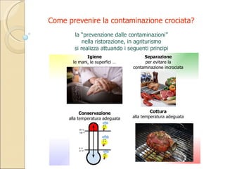 la “prevenzione dalle contaminazioni” nella ristorazione, in agriturismo si realizza attuando i seguenti principi Igiene le mani, le superfici … Conservazione alla temperatura adeguata Cottura alla temperatura adeguata Separazione per evitare la contaminazione incrociata Come prevenire la contaminazione crociata? 