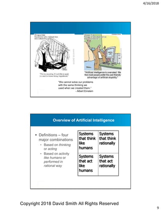 4/16/2018
9
“We cannot solve our problems
with the same thinking we
used when we created them.”
- Albert Einstein
Overview of Artificial Intelligence
 Definitions – four
major combinations
- Based on thinking
or acting
- Based on activity
like humans or
performed in
rational way
Systems
that think
like
humans
Systems
that think
rationally
Systems
that act
like
humans
Systems
that act
rationally
Copyright 2018 David Smith All Rights Reserved
 
