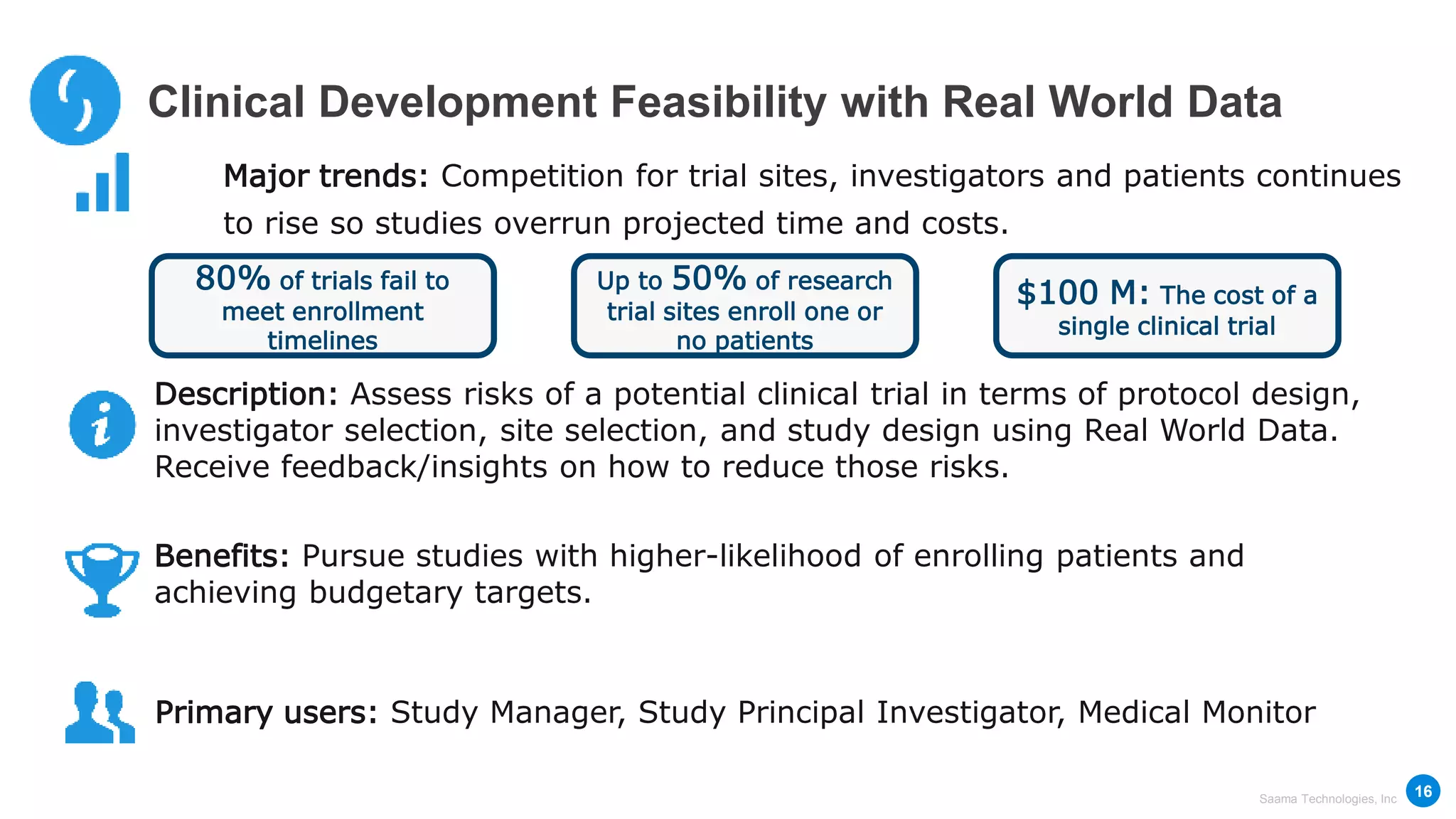 Saama Technologies, Inc
Clinical Development Feasibility with Real World Data
Major trends: Competition for trial sites, investigators and patients continues
to rise so studies overrun projected time and costs.
16
80% of trials fail to
meet enrollment
timelines
Up to 50% of research
trial sites enroll one or
no patients
$100 M: The cost of a
single clinical trial
Description: Assess risks of a potential clinical trial in terms of protocol design,
investigator selection, site selection, and study design using Real World Data.
Receive feedback/insights on how to reduce those risks.
Benefits: Pursue studies with higher-likelihood of enrolling patients and
achieving budgetary targets.
Primary users: Study Manager, Study Principal Investigator, Medical Monitor
 