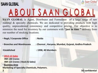 SAAN GLOBAL is Agent, Distributor and Formulator of a large range of raw
material & specialty chemicals. We are dedicated to providing products with high
quality, unprecedented consistency and competitive pricing. Our objective is to
minimize the need for inventory by our customers with “just in time ” delivery from
our number of stocking locations.
• Regd./ Corporate Office : Noida
• Branches and Warehouses : Chennai , Haryana, Mumbai, Gujarat, Andhra Pradesh
•Established : 1998, 40 Members
• 2012-13 Sales
INR 130 Crores
INR 115 Crores ( Stock & Sales)
• Business Area
Marketing of Specialty Chemicals, Polymers.
2 SG confidential
 
