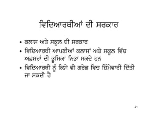 ividAwrQIAW dI srkwr
• klws Aqy skUl dI srkwr
• ividAwrQI AwpxIAW klwsW Aqy skUl iv`c
  A&srW dI BUimkw inBw skdy hn
• ividAwrQI nMU iksy vI gryf ivc izMmyvwrI id`qI
  jw skdI hY



                                                   21
 