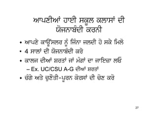 AwpxIAW hweI skUl klwsW dI
           XojnwbMdI krnI
• Awpxy kwaUNslr nMU ijMnw jldI ho sky imlo
• 4 swlW dI XojnwbMdI kro
• kwlj dIAW SrqW jW mMgW dw jwiezw lE
  – Ex. UC/CSU A-G dIAW SrqW
• cMgy Aqy cuxOqI-pUrn korsW dI cox kro



                                              27
 