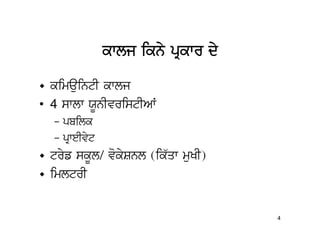 kwlj ikny pRkwr dy

• kimauintI kwlj
• 4 swlw XUnIvristIAW
  – pbilk
  – pRweIvyt
• tryf skUl/ vokySnl (ik`qw muKI)
• imltrI


                                    4
 