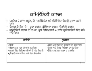 kimauintI kwlj
• pbilk 2 swlw skUl, jo srtIiPkyt Aqy AYsoiseyt ifgrI pRdwn krdy
  hn[
• imswl dy qOr ‘qy – XUbw kwlj, fIAYnzw kwlj, auhlonI kwlj
• kimaUintI kwlj qoN bwAd, kuJ ividAwrQI 4 swlw XUnIvristI iv`c cly
  jWdy hn[

                Pwiedy                                nukswn
 •ssqw                                  •Psx Aqy vkq dI brbwdI dI gunjwieS
 •suivDwjnk jgHw (Gr dy nzdIk)          •korsW Aqy myjr iviSAW dw G`t hoxw
 •klwsW iv`c ividAwrQIAW dI G`t igxqI   •kRYift trWsPr krn c qklIP
 •pRPYsrW nwl vDIAw Aqy cMgw myl-jol


                                                                       5
 