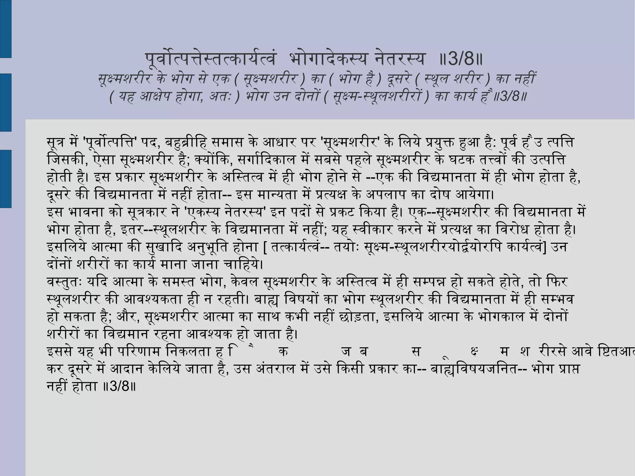 सूक्ष्मशरीर की विवेचना के लिये यह जानना आवश्यक है कि सूक्ष्मशरीर के घटक अठारह अवयवों में तेरह करण और पांच तन्मात्र हैं। इनमें करण आश्रित और तन्मात्र आश्रय रहते हैं। यद्यपि सूक्ष्मशरीर के घटक तत्त्व अठारह हैं, पर कभी-कभी केवल पांच तन्मात्र अर्थात् आश्रय भाग के लिये सूक्ष्मशरीर पद का प्रयोग किया जाता है। कतिपय स्थलों में इसी प्रकार केवल आश्रितभाग अर्थात् तेरह करणमात्र के लिये इस नाम का प्रयोग देखा जाता है। 