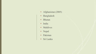 • Afghanistan (2005)
• Bangladesh
• Bhutan
• India
• Maldives
• Nepal
• Pakistan
• Sri Lanka
 