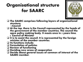 Organisational structure
for SAARC
 The SAARC comprises following layers of organizational
structure:
1.Council
 At the top, there is the Council represented by the heads of
the government of the member countries. The council the
apex policy making body. It meets once in 2 years time.
2. Council of Minister
 It is to assist the council. It is represented by the foreign
minister of the member countries.
 Its functions include:
 Formulation of policies
 Review of functioning
 Deciding new areas of cooperation
 Decide about general issues of common of interest of the
SAARC member.
 