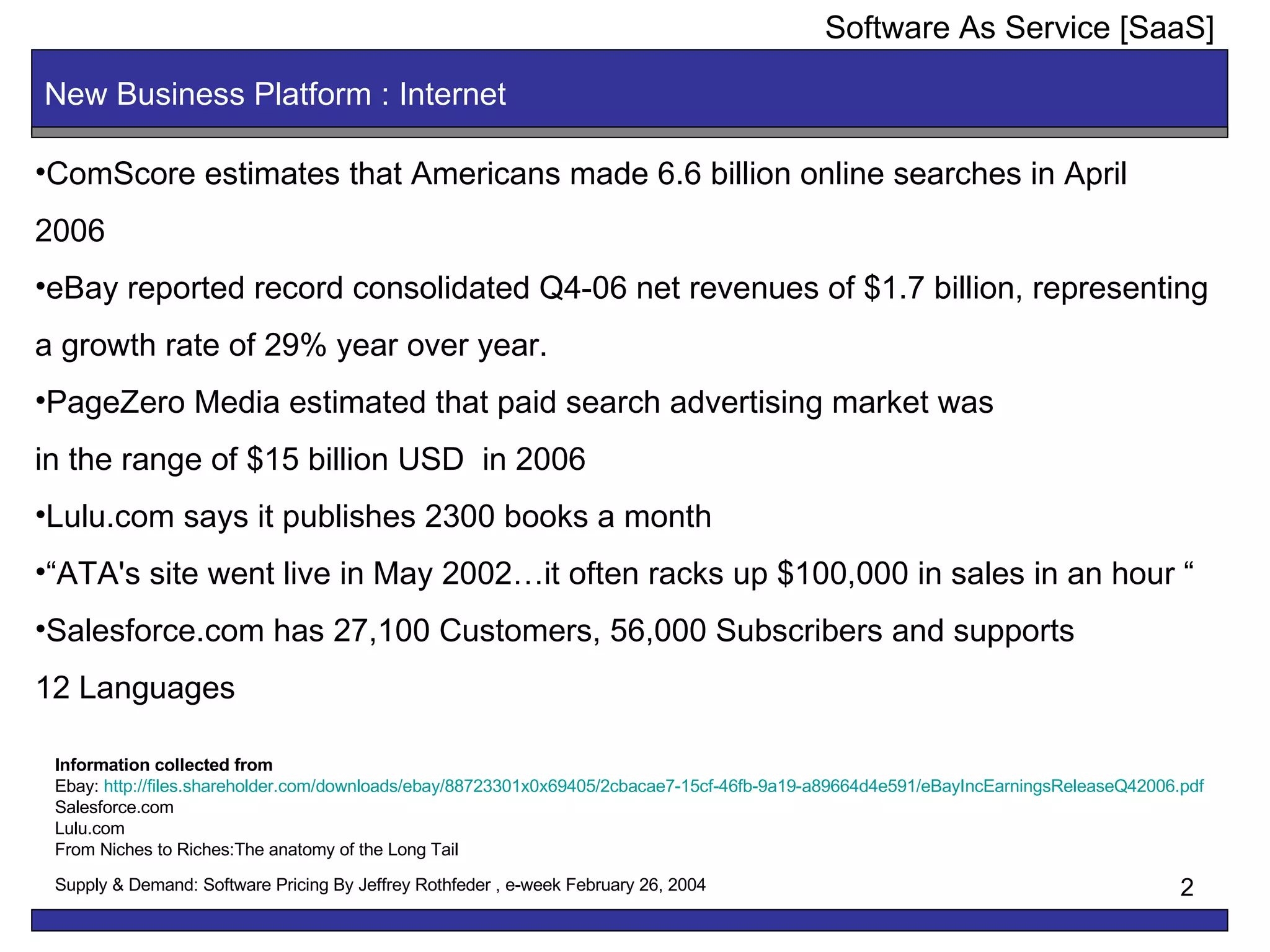 New Business Platform : Internet Software As Service [SaaS] ComScore estimates that Americans made 6.6 billion online searches in April 2006 eBay reported record consolidated Q4-06 net revenues of $1.7 billion, representing  a growth rate of 29% year over year. PageZero Media estimated that paid search advertising market was  in the range of $15 billion USD  in 2006 Lulu.com says it publishes 2300 books a month “ ATA's site went live in May 2002…it often racks up $100,000 in sales in an hour “ Salesforce.com has 27,100 Customers,   56,000 Subscribers and supports 12 Languages  Information collected from Ebay:  http://files.shareholder.com/downloads/ebay/88723301x0x69405/2cbacae7-15cf-46fb-9a19-a89664d4e591/eBayIncEarningsReleaseQ42006.pdf Salesforce.com Lulu.com From Niches to Riches:The anatomy of the Long Tail Supply & Demand: Software Pricing By Jeffrey Rothfeder , e-week February 26, 2004   