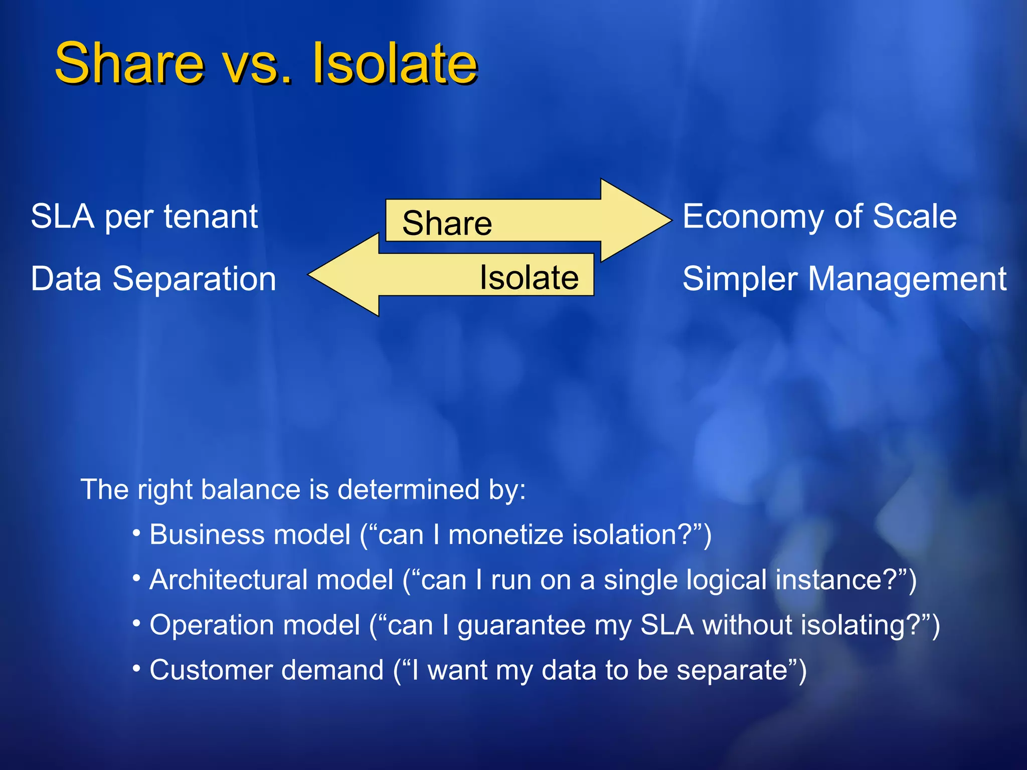 Share vs. Isolate Economy of Scale Simpler Management SLA per tenant Data Separation The right balance is determined by: Business model (“can I monetize isolation?”) Architectural model (“can I run on a single logical instance?”) Operation model (“can I guarantee my SLA without isolating?”) Customer demand (“I want my data to be separate”) Share Isolate 