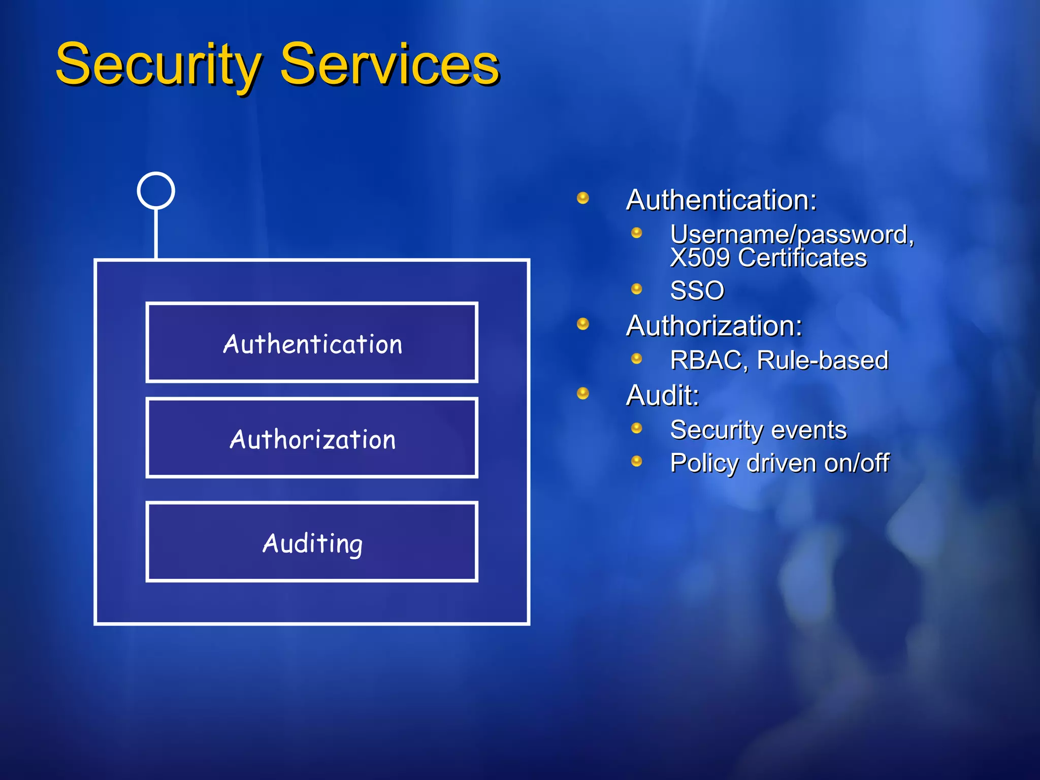 Security Services Authentication: Username/password, X509 Certificates SSO Authorization: RBAC, Rule-based Audit: Security events Policy driven on/off Authentication Authorization Auditing 