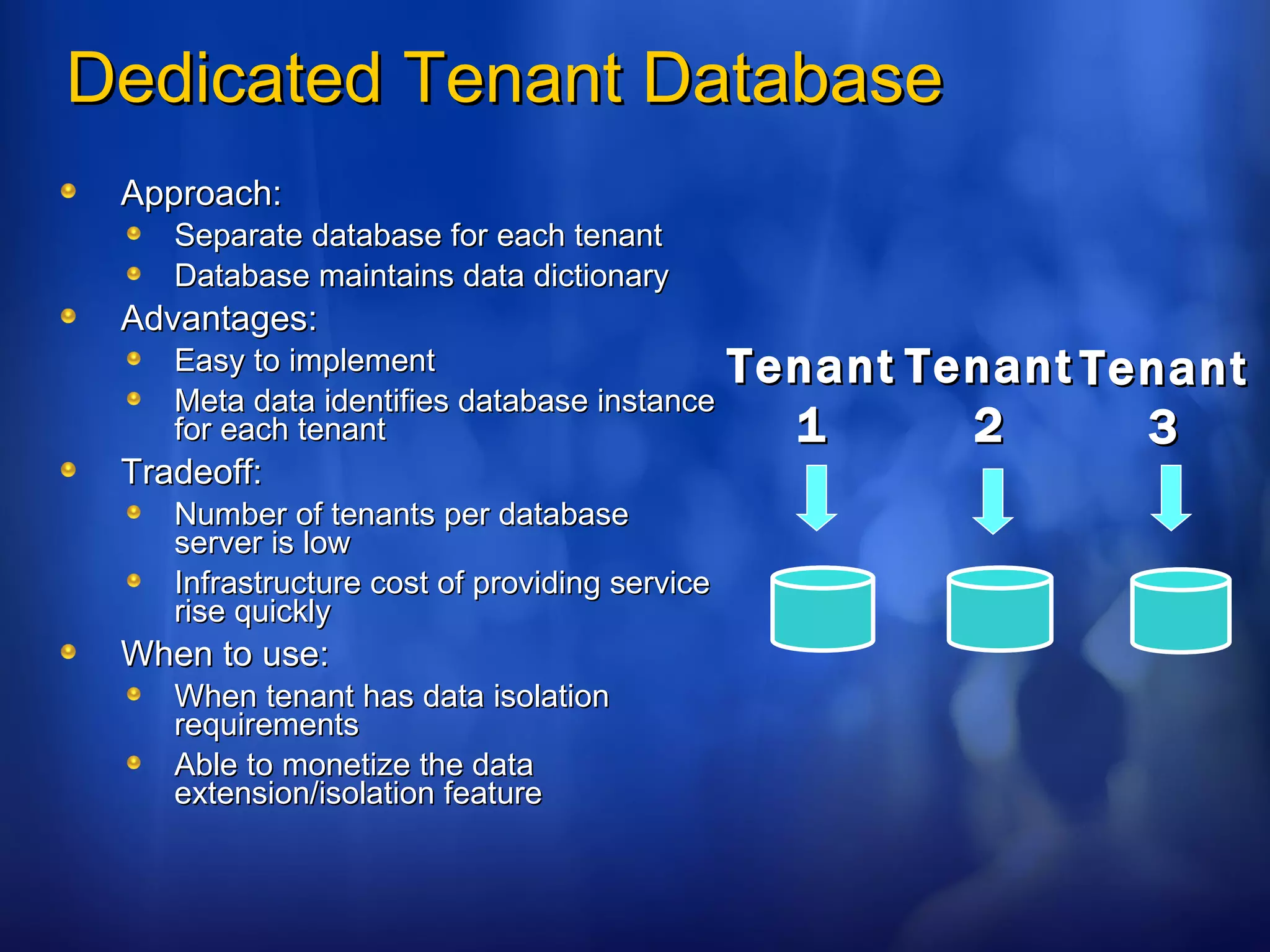 Dedicated Tenant Database Approach: Separate database for each tenant Database maintains data dictionary Advantages: Easy to implement Meta data identifies database instance for each tenant Tradeoff: Number of tenants per database server is low Infrastructure cost of providing service rise quickly When to use: When tenant has data isolation requirements Able to monetize the data extension/isolation feature Tenant 1 Tenant 3 Tenant 2 