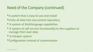 Need of the Company (continued)
•A system that is easy to use and install
•Unite all data into one central repository
• A system of Multilanguage capabilities
• A system of self-service functionality to the suppliers to
manage their own data
• A cheaper system
•Configuration instead of customization
November 18, 2015 6
 