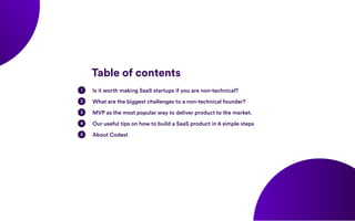 Table of contents
Is it worth making SaaS startups if you are non-technical?
What are the biggest challenges to a non-tech...