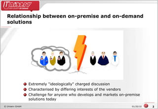 Relationship between on-premise and on-demand solutions Extremely "ideologically" charged discussion  Characterised by differing interests of the vendors Challenge for anyone who develops and markets on-premise solutions today 