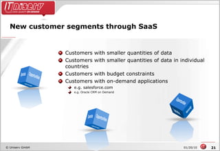 New customer segments through SaaS Customers with smaller quantities of data Customers with smaller quantities of data in individual countries Customers with budget constraints Customers with on-demand applications  e.g. salesforce.com e.g. Oracle CRM on Demand Opportunities Opportunities Opportunities Opportunities Opportunities Opportunities Opportunities Opportunities Opportunities 