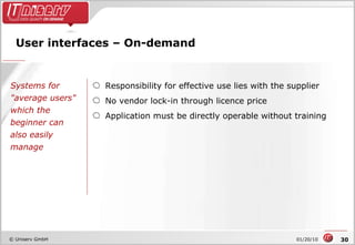 User interfaces – On-demand Responsibility for effective use lies with the supplier No vendor lock-in through licence price Application must be directly operable without training Systems for "average users" which the beginner can also easily manage 