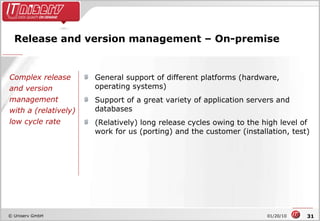 Release and version management – On-premise General support of different platforms (hardware, operating systems) Support of a great variety of application servers and databases (Relatively) long release cycles owing to the high level of work for us (porting) and the customer (installation, test) Complex release and version management with a (relatively) low cycle rate 