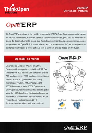 OpenERP
                                                              Oferta SaaS - Portugal




O OpenERP é o sistema de gestão empresarial (ERP) Open Source que mais cresce
no mundo atualmente, e que se destaca pela sua arquitetura, pelo uso de ferramentas
ágeis de desenvolvimento e pela sua flexibilidade extraordinária para customizações e
adaptações. O OpenERP é já um claro caso de sucesso em inúmeras empresas e
sectores de atividade a nível global, e tem já também provas dadas em Portugal.




          OpenERP no mundo

Originário da Bélgica, Wavre, em 2005
Desenvolvido e suportado pela OpenERP SA
Presente em 100 países, 360 parceiros oficiais
700 módulos core ; 2600 módulos comunitários
Versão actual 6.1 (7.0 sai em 11 / 2012)
Tecnologia: Phyton / XML / Postgres DB
100% Baseado na web; 100% Open source
ERP OpenSource mais utilizado à escala global
Mais de 1000 downloads diários da plataforma
Actualizado diariamente; Versionamento anual
Presente em Portugal desde 2010
Totalmente adaptado á realidade nacional
 