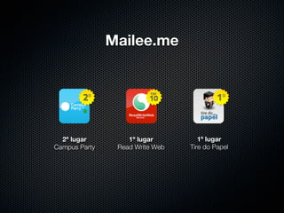 Mailee.me




  2º lugar         1º lugar         1º lugar
Campus Party    Read Write Web   Tire do Papel
 