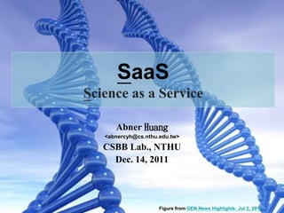 11
SaaS
Science as a Service
Abner Huang
<abnercyh@cs.nthu.edu.tw>
CSBB Lab., NTHU
Dec. 14, 2011
Figure from GEN News Highlights: Jul 2, 2010
 