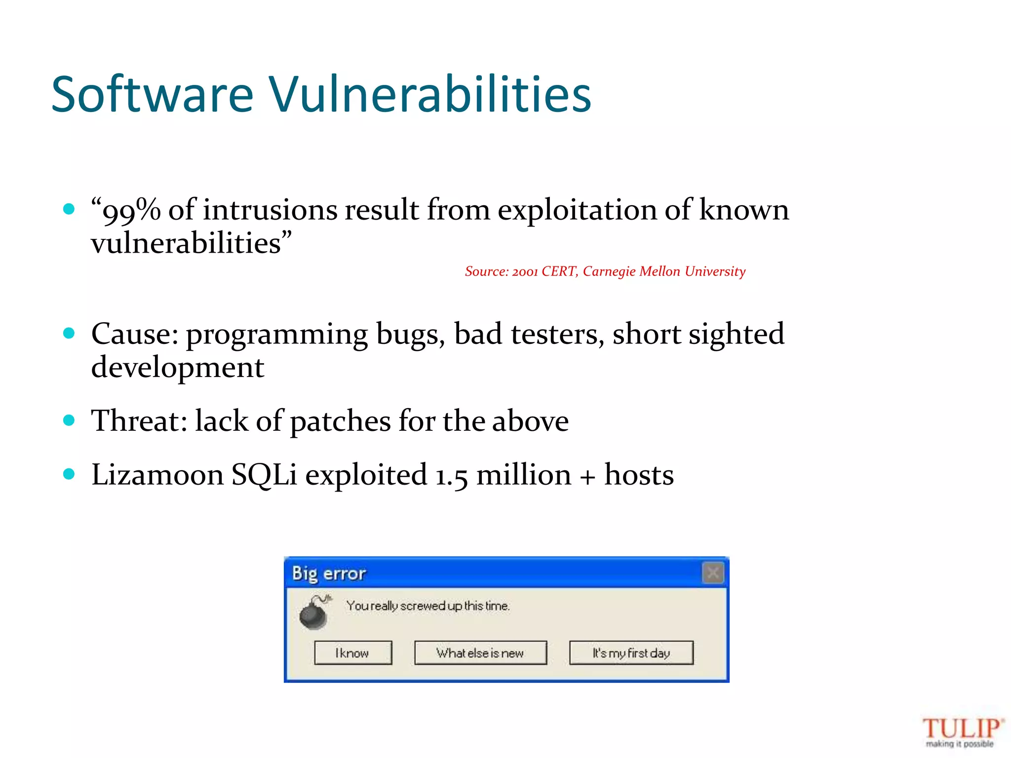 Software Vulnerabilities“99% of intrusions result from exploitation of known vulnerabilities”					Source: 2001 CERT, Carnegie Mellon UniversityCause: programming bugs, bad testers, short sighted developmentThreat: lack of patches for the aboveLizamoonSQLi exploited 1.5 million + hosts