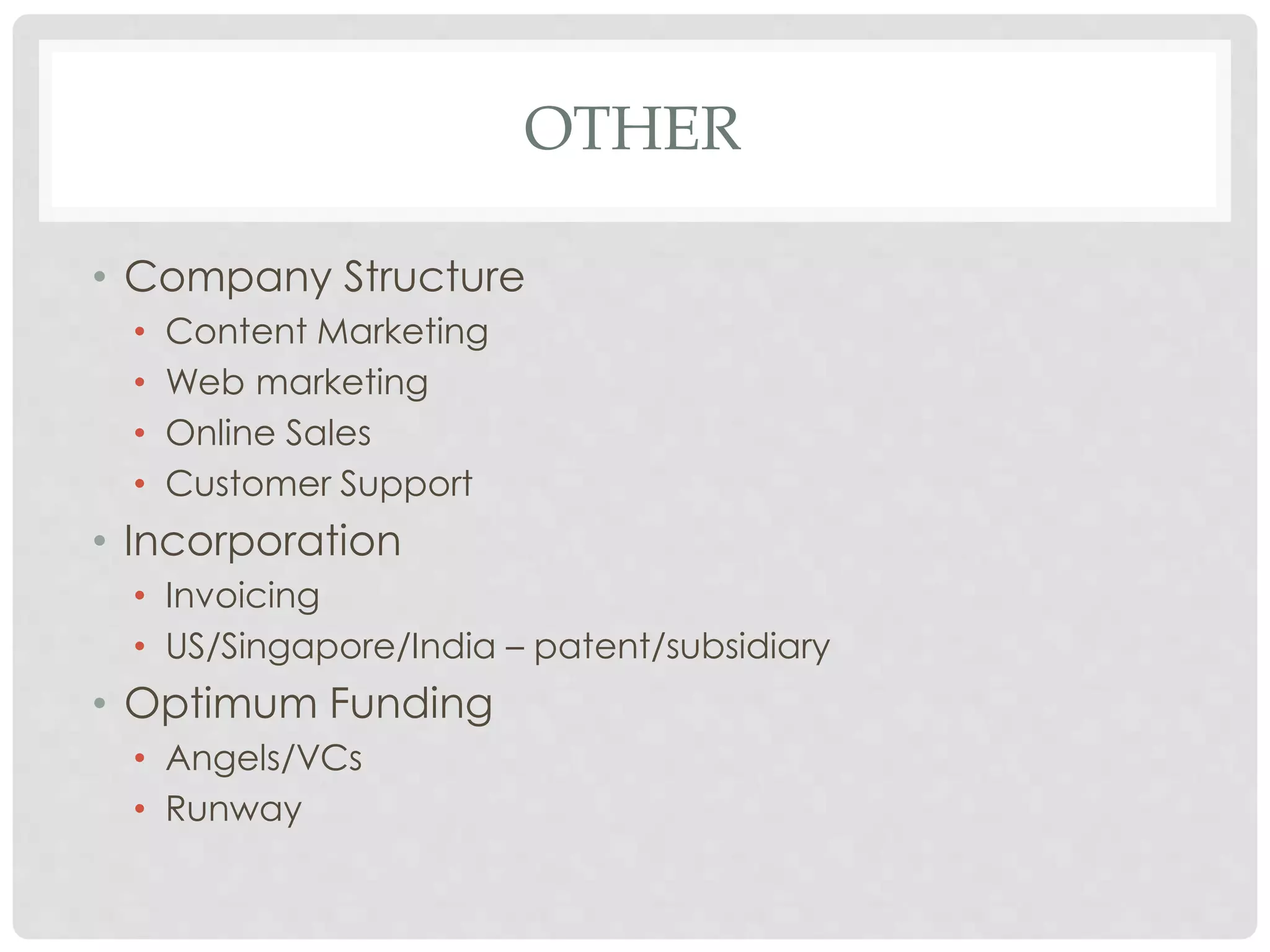 OTHER 
• Company Structure 
• Content Marketing 
• Web marketing 
• Online Sales 
• Customer Support 
• Incorporation 
• Invoicing 
• US/Singapore/India – patent/subsidiary 
• Optimum Funding 
• Angels/VCs 
• Runway 
 