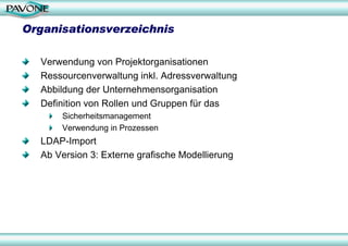 Organisationsverzeichnis

  Verwendung von Projektorganisationen
  Ressourcenverwaltung inkl. Adressverwaltung
  Abbildung der Unternehmensorganisation
  Definition von Rollen und Gruppen für das
      Sicherheitsmanagement
      Verwendung in Prozessen
  LDAP-Import
  Ab Version 3: Externe grafische Modellierung
 