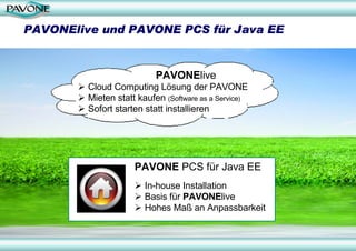 PAVONElive und PAVONE PCS für Java EE


                           PAVONElive
        Cloud Computing Lösung der PAVONE
        Mieten statt kaufen (Software as a Service)
        Sofort starten statt installieren




                     PAVONE PCS für Java EE
                      In-house Installation
                      Basis für PAVONElive
                      Hohes Maß an Anpassbarkeit
 