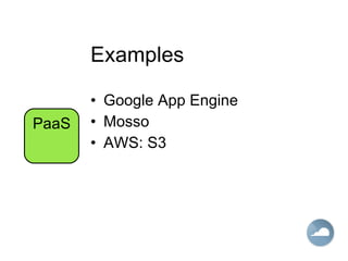 Examples Google App Engine Mosso AWS: S3 PaaS 