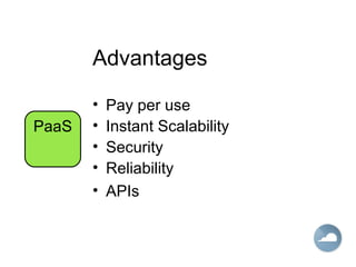 Advantages
• Pay per use
• Instant Scalability
• Security
• Reliability
• APIs
PaaS
 