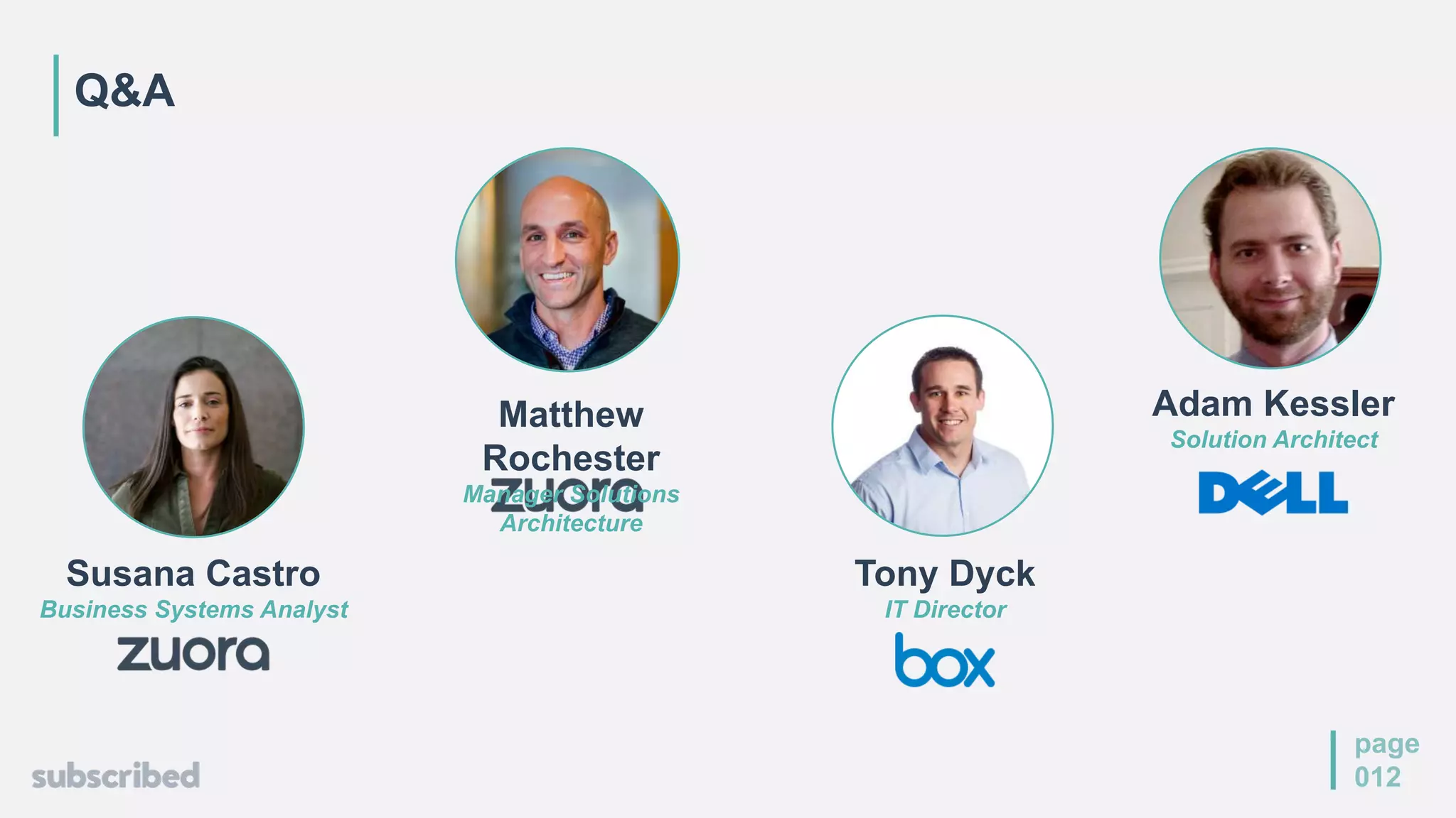 Q&A
page
012
Susana Castro
Business Systems Analyst
Matthew
Rochester
Manager Solutions
Architecture
Tony Dyck
IT Director
Adam Kessler
Solution Architect
 