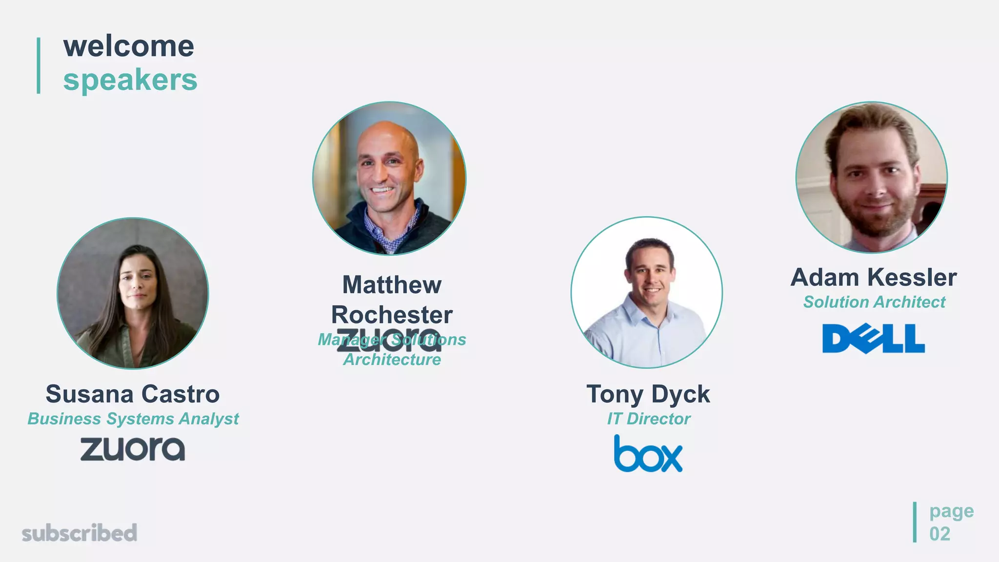 welcome
speakers
page
02
Susana Castro
Business Systems Analyst
Matthew
Rochester
Manager Solutions
Architecture
Tony Dyck
IT Director
Adam Kessler
Solution Architect
 