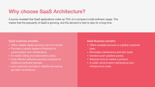 Why choose SaaS Architecture?
SaaS Customer benefits:
Offers reliable digital services over the internet.
Provides a certain degree of flexibility for
customization and maintenance.
An elastic billing and subscription policy.
Cost-efficient software services compared to
traditional software licenses.
Lets customers activate or disable services as
per their convenience.
SaaS Business benefits:
Offers scalable services to a global customer
base.
Eliminates maintenance and test costs.
Vendors push updates quickly.
Reduces time to market a product.
A public cloud lowers maintenance and
infrastructure costs.
A survey revealed that SaaS applications make up 70% of a company’s total software usage. This
means that the popularity of SaaS is growing, and the demand is here to stay for a long time.
 