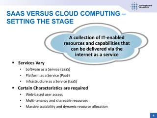 SAAS VERSUS CLOUD COMPUTING –
SETTING THE STAGE

                                   A collection of IT-enabled
                                 resources and capabilities that
                                    can be delivered via the
                                      internet as a service
  Services Vary
    •   Software as a Service (SaaS)
    •   Platform as a Service (PaaS)
    •   Infrastructure as a Service (IaaS)
  Certain Characteristics are required
    •   Web-based user access
    •   Multi-tenancy and shareable resources
    •   Massive scalability and dynamic resource allocation

                                                                   4
 