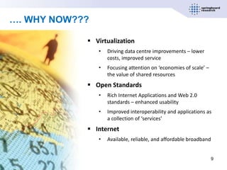 …. WHY NOW???

             Virtualization
                •   Driving data centre improvements – lower
                    costs, improved service
                •   Focusing attention on ‘economies of scale’ –
                    the value of shared resources
             Open Standards
                •   Rich Internet Applications and Web 2.0
                    standards – enhanced usability
                •   Improved interoperability and applications as
                    a collection of ‘services’
             Internet
                •   Available, reliable, and affordable broadband


                                                                    9
 