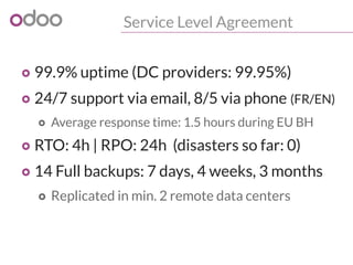 Service Level Agreement
o 99.9% uptime (DC providers: 99.95%)
o 24/7 support via email, 8/5 via phone (FR/EN)
o Average response time: 1.5 hours during EU BH
o RTO: 4h | RPO: 24h (disasters so far: 0)
o 14 Full backups: 7 days, 4 weeks, 3 months
o Replicated in min. 2 remote data centers
 