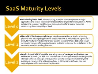 • Outsourcing is not SaaS. In outsourcing, a service provider operates a major
            application or a unique application landscape for a large enterprise customer. As the
            outsourcing company can't leverage this application for a second customer,
Level 0     outsourcing does not qualify as SaaS.



          • Manual ASP business models target midsize companies. At level 1, a hosting
            provider runs packaged applications like SAP's ERP 6.0, which require significant IT
            skills, for multiple midsize enterprises. Usually, each client has a dedicated server
            running its instance of the application and is able to customize the installation in the
Level 1     same way as self-hosted applications.



          • Level 2: Industrial ASPs cut the operating costs of packaged applications to a
            minimum. At level 2, an ASP uses sophisticated IT management software to provide
            identical software packages with customer-specific configurations to many SMB
            customers. However, the software package is still the same software that was
Level 2     originally created for self-hosted deployment.
 
