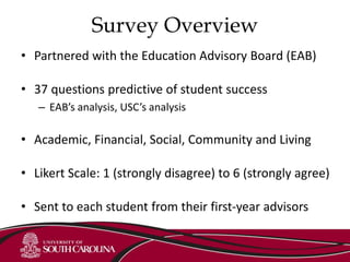 Survey Overview
• Partnered with the Education Advisory Board (EAB)
• 37 questions predictive of student success
– EAB’s analysis, USC’s analysis
• Academic, Financial, Social, Community and Living
• Likert Scale: 1 (strongly disagree) to 6 (strongly agree)
• Sent to each student from their first-year advisors
 